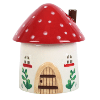 Brûle-parfum géant céramique maison champignon rouge à pois blancs avec porte en bois et fenêtres décorées
