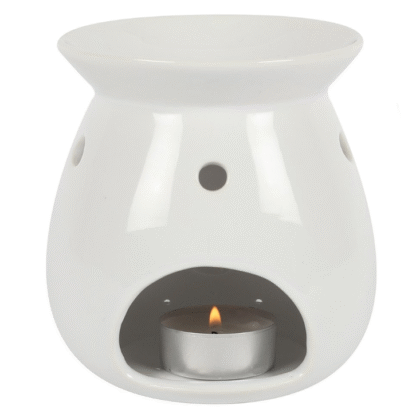 Brûle-parfum abeille céramique vue arrière montrant ouverture pour bougie chauffe-plat allumée et coupelle supérieure