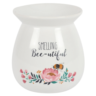 Brûle-parfum céramique blanche avec inscription Smelling Bee-utiful et motif abeille fleurs roses aquarelle