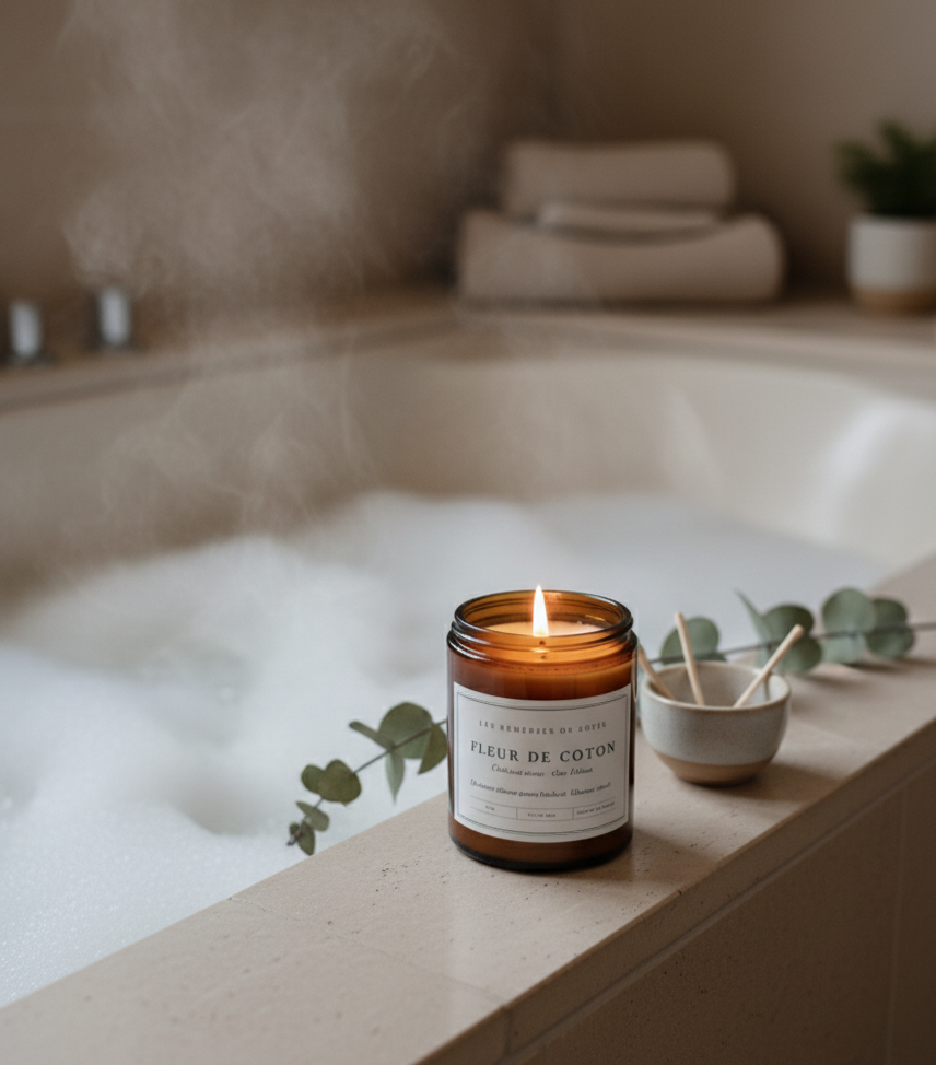 Bougie parfumée apothicaire pot ambré allumée bord baignoire ambiance spa détente