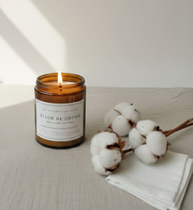 Bougie parfumée apothicaire pot ambré fleur de coton cire olives bio artisanale