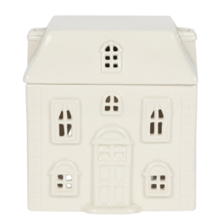 Brûle-parfum céramique blanche forme maison village avec fenêtres porte arrondie et toit amovible style cottage
