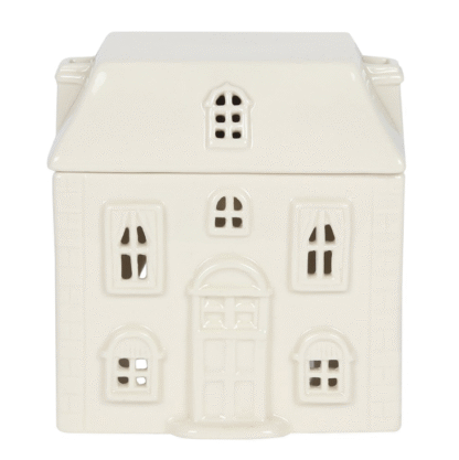 Brûle-parfum céramique blanche forme maison village avec fenêtres porte arrondie et toit amovible style cottage