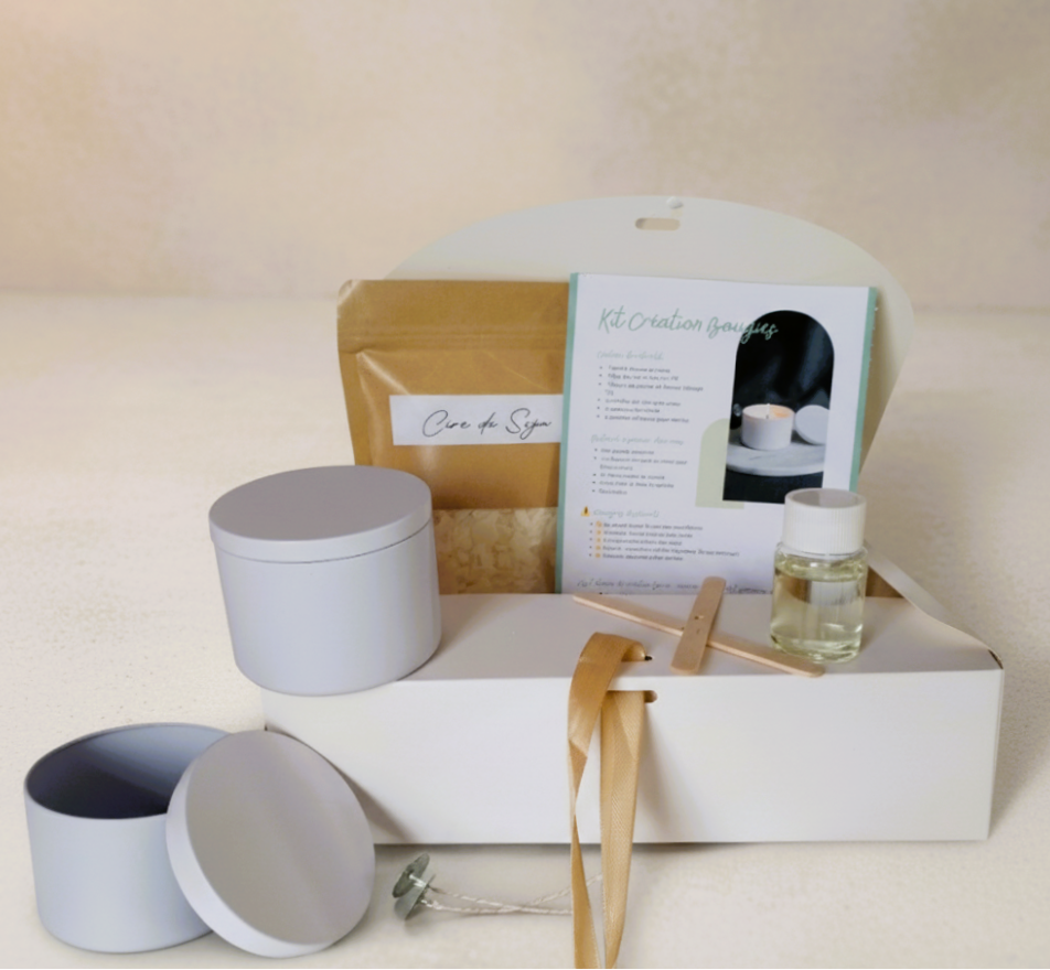 Contenu Kit Création Bougies Les Rêveries de Sofie – Cire de soja bio C3, flacon de parfum de Grasse et accessoires