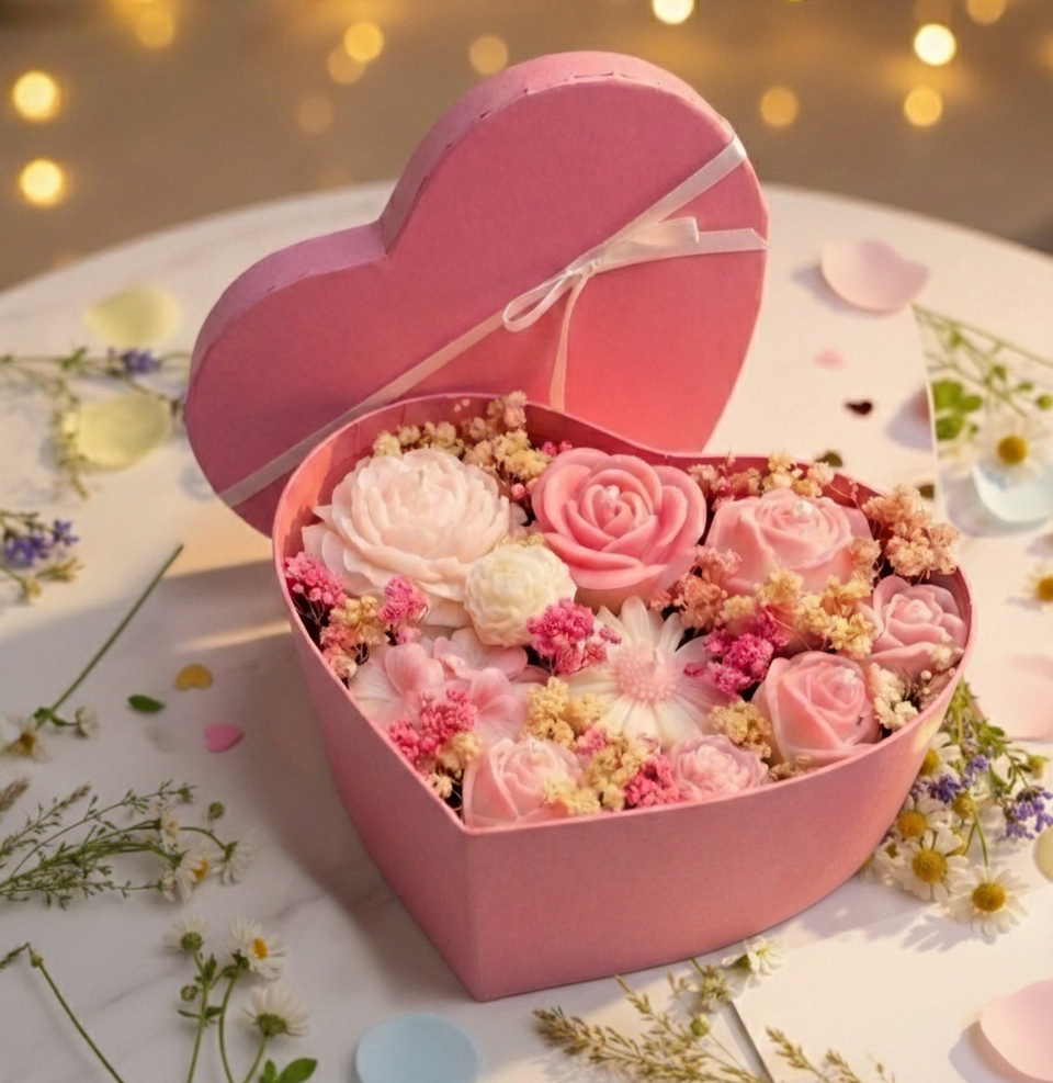 Bouquet cœur fleuri de bougies artisanales roses et fleurs séchées - Les Rêveries de Sofie